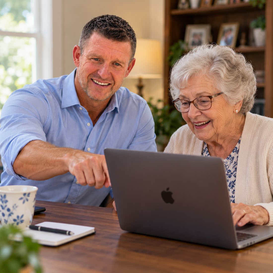 Brian Bettis helping a senior woman with her laptop at a kitchen table